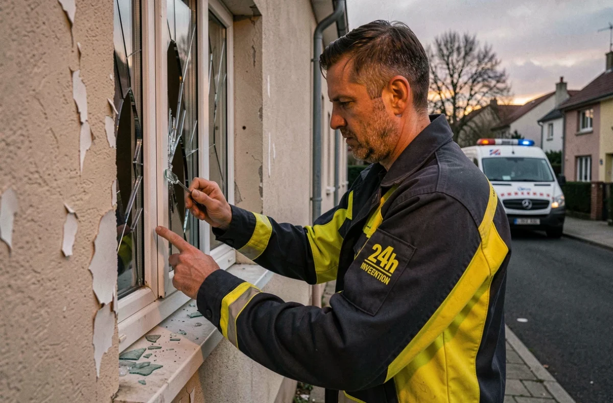 Vitrier dépanneur d'urgence intervenant sur une fenêtre brisée dans une maison d'Aulnay-sous-Bois