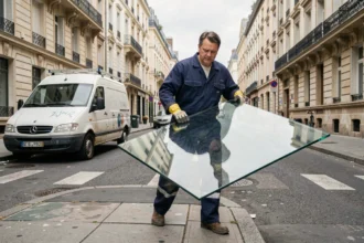 Vitrier professionnel transportant une grande vitre dans une rue de Seine-Saint-Denis