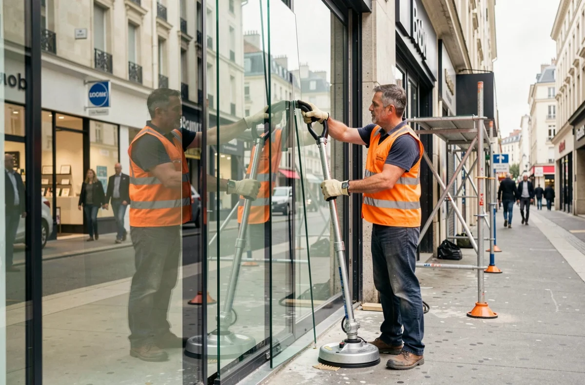 Vitriers spécialisés posant une façade vitrée commerciale dans une rue commerçante de Bobigny