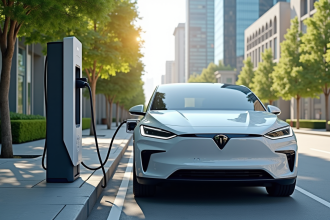 Voiture électrique moderne en charge dans une ville ensoleillée