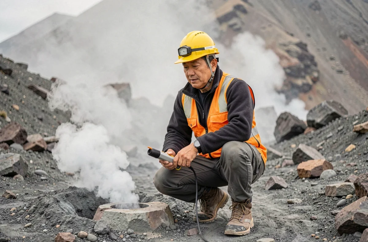 Volcanologue japonais professionnel inspectant une fumerole sur le flanc d'un volcan actif au Japon avec équipement de protection
