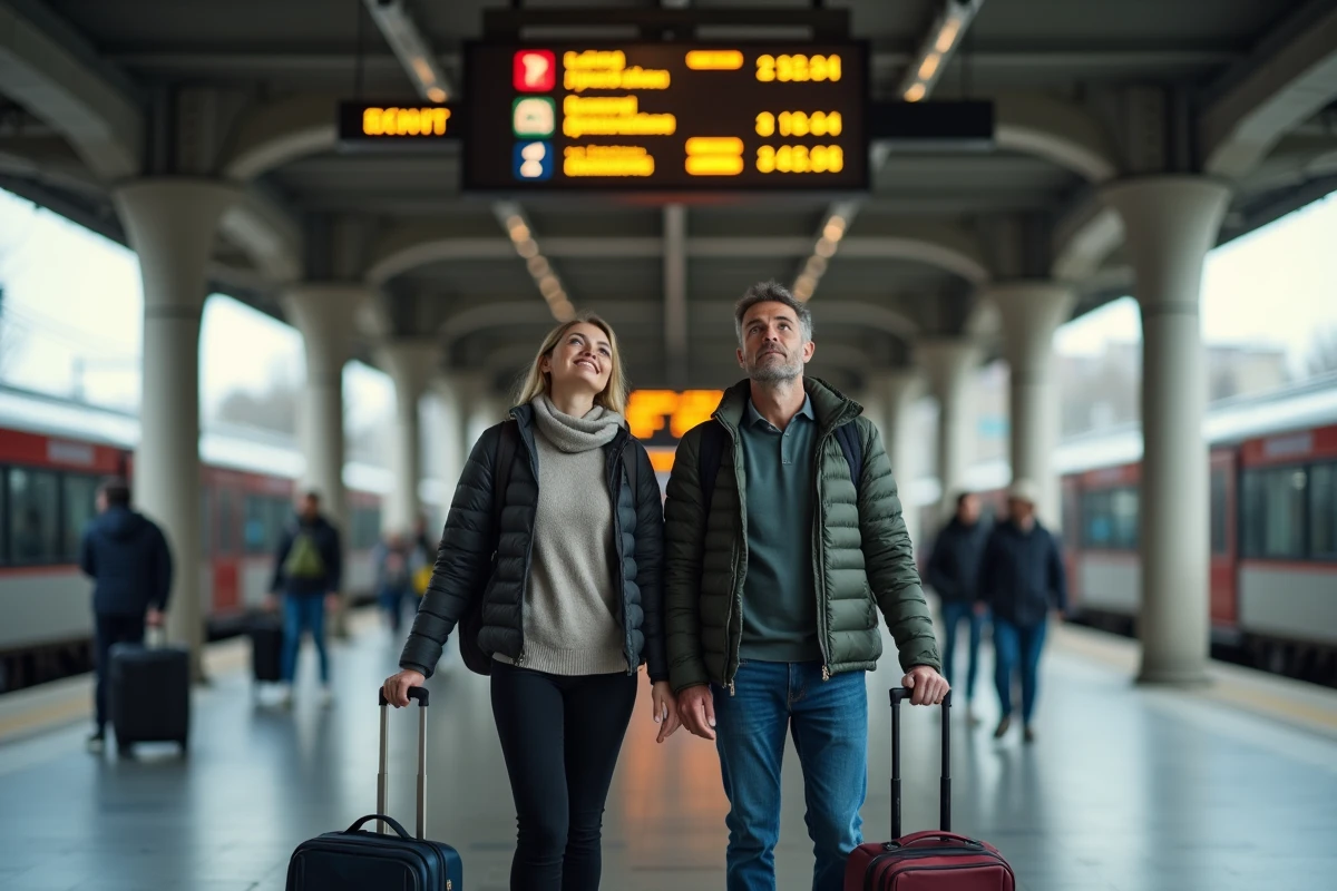 Couple de voyageurs en gare avec bagages consultant les horaires de train pendant une période de jour férié 2026