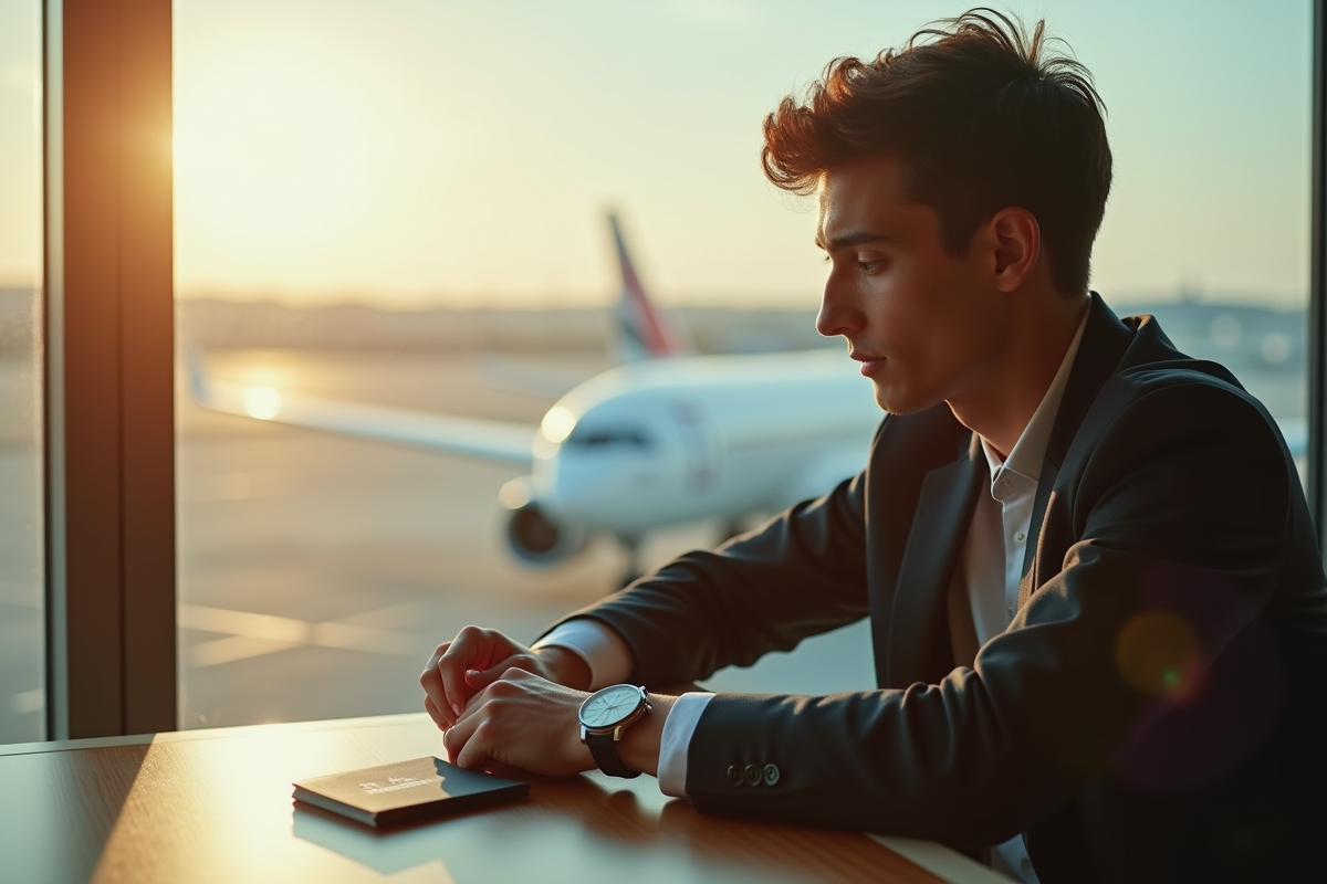 Jeune voyageur ajustant sa montre au soleil à l'aéroport