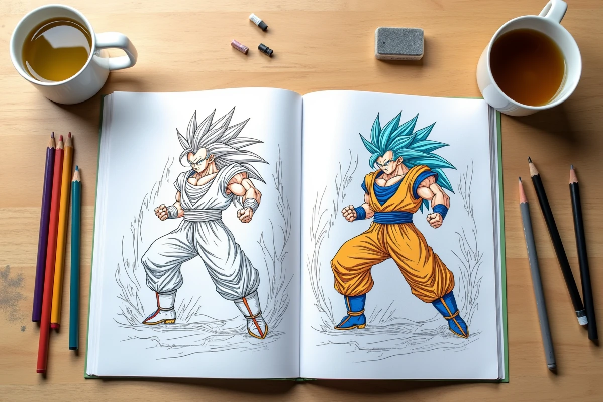 Vue aérienne d'un livre de coloriage Dragon Ball Super ouvert sur une table en bois avec des crayons de couleur et un stylo fin disposés autour des pages illustrées