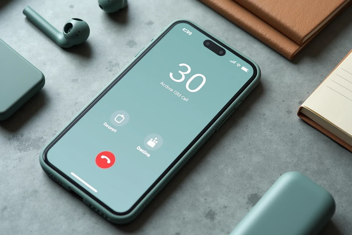 Vue de dessus d'un smartphone affichant un appel entrant avec le numéro commençant par l'indicatif 30 sur surface en béton